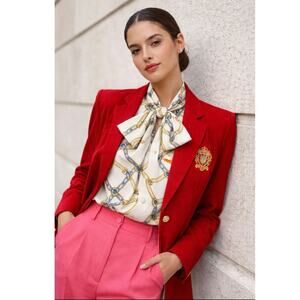Vintage 100% Silk Red Crested Blazer | Embroidered | Size M